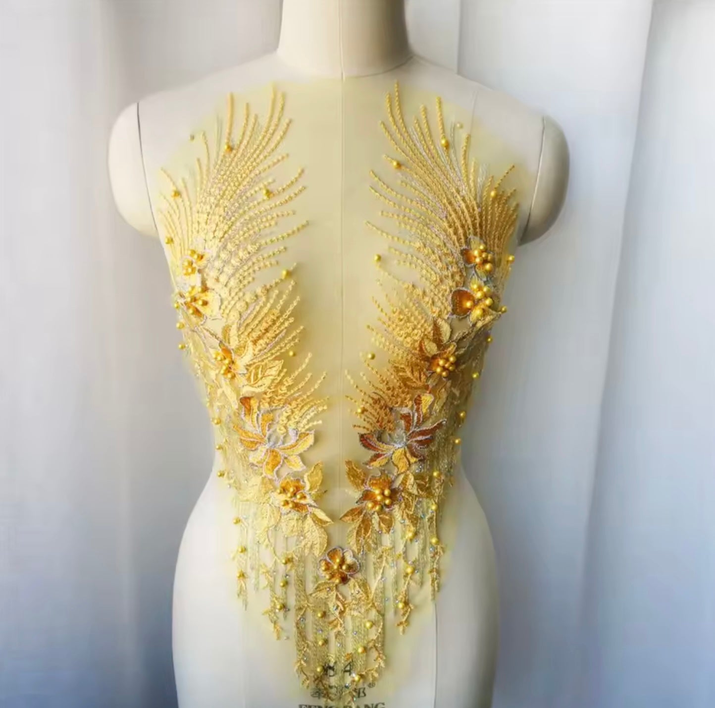 1pc yellow embroidered net applique patch/ collar/ neckline with beads and crystals