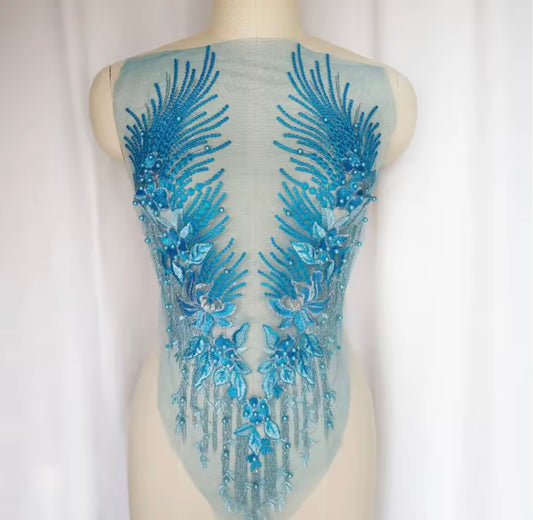 1pc turquoise blue embroidered net applique patch/ collar/ neckline with beads and crystals