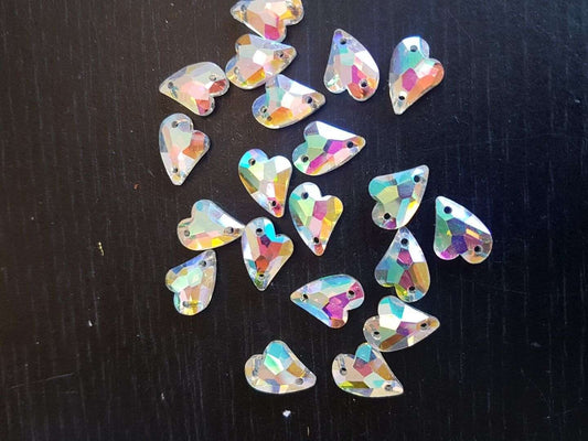 5x 15mm clear AB heart sew on glass crystal gem