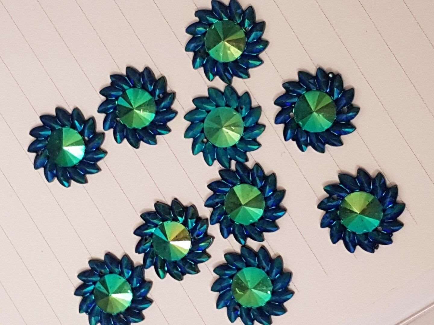 5x 20mm black- blue AB acrylic sew on rhinestone gem flower