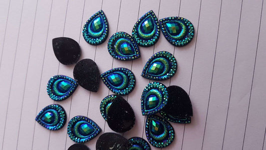 10x 18mm blue BLACK AB peacock textured acrylic sew on rhinestone gem pear drop