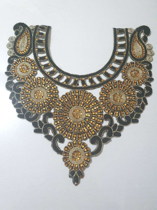 1x gold black embroidered crystal applique collar/ neckline