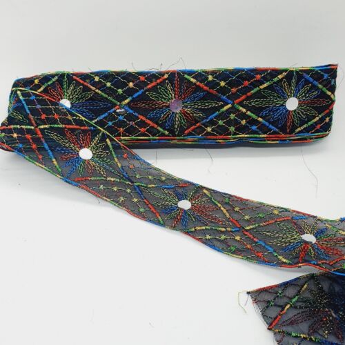 1m 4.5cm black multi embroidered sequin ribbon net trimming