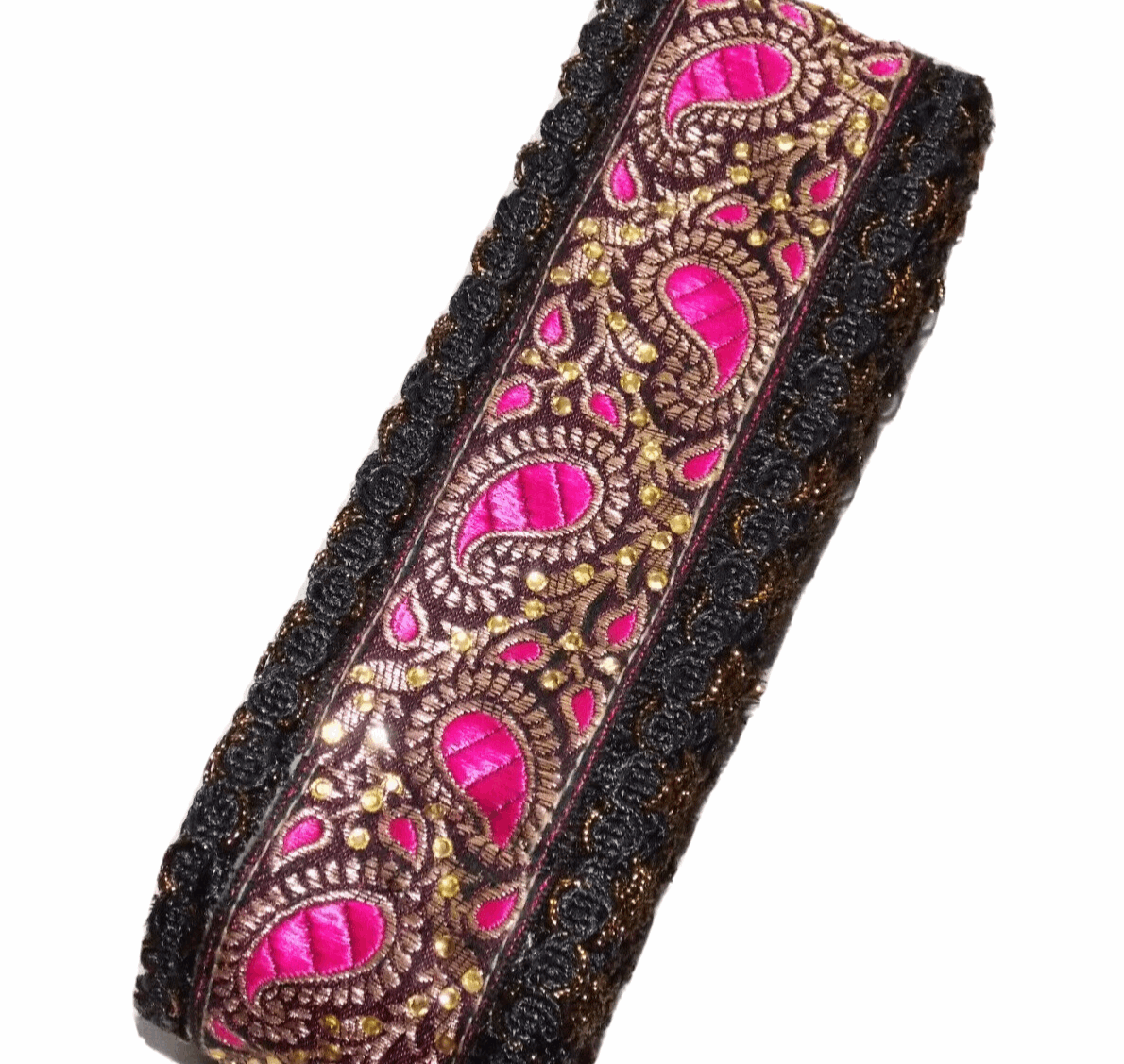 1m 6cm black pink gold paisley crystal embroidered ribbon BRAID