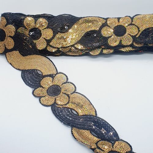 1m 6cm flower net lace with black & gold hologram sequins