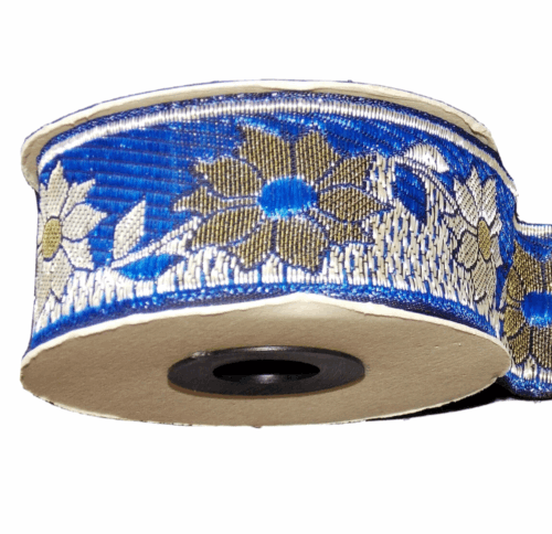 1m 33mm royal blue and cream gold jacquard embroidered ribbon