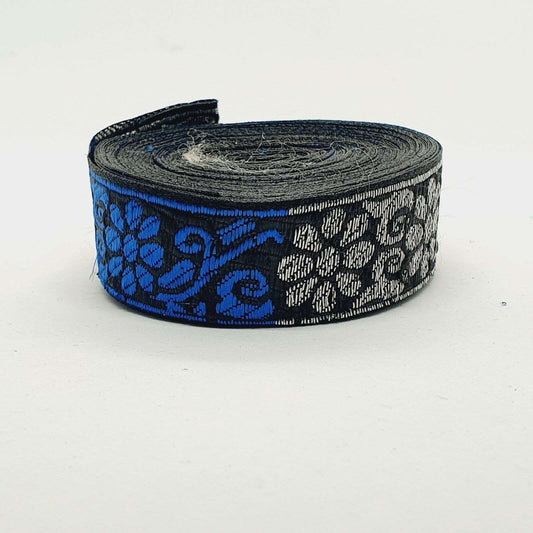 1m 27mm black silver & blue jacquard embroidered ribbon