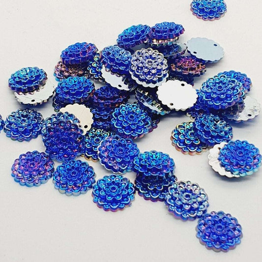 10x 16mm blue AB acrylic textured flower sew on rhinestone gem round