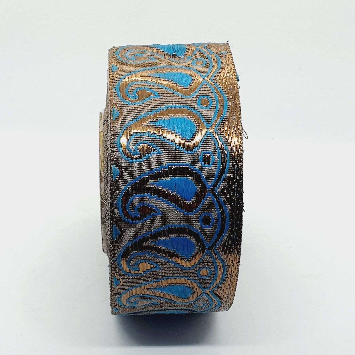 1m 40mm metallic gold/ bronze & turquoise blue paisley embroidered ribbon