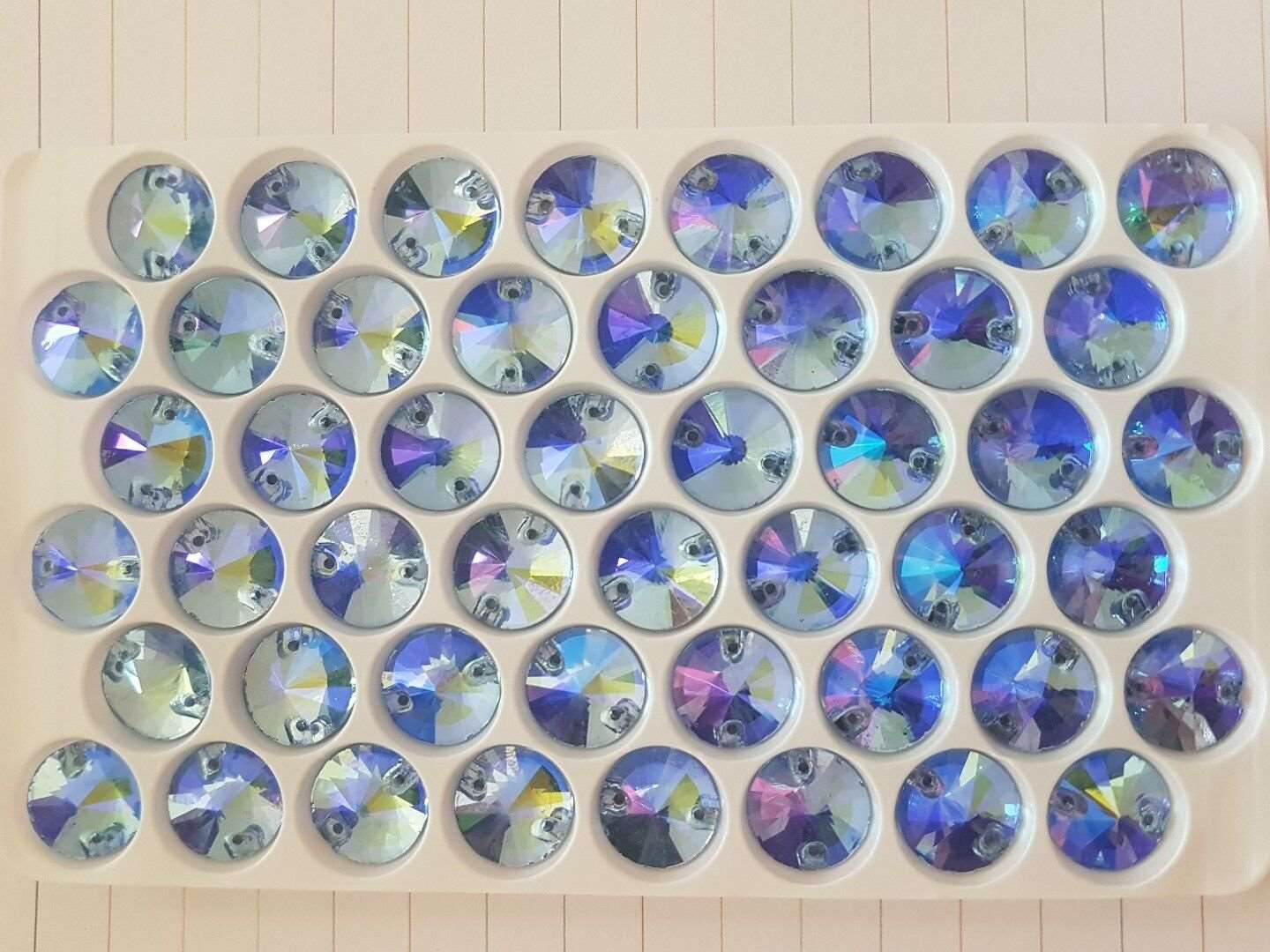 2x 12mm blue AB rivoli sew on glass crystal gem