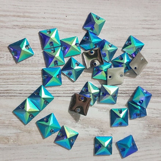 10x 10mm blue AB colour acrylic sew on rhinestone gem square