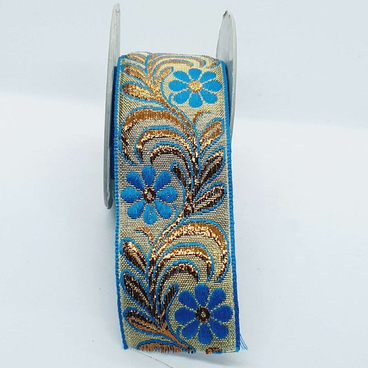 1m 40mm metallic gold/ bronze & turquoise blue flower embroidered ribbon