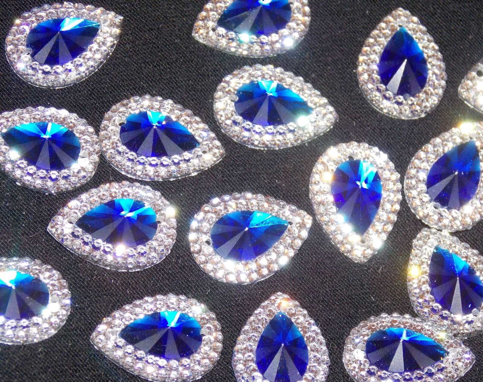 10x 18mm blue & clear textured acrylic sew on rhinestone gem pear drop