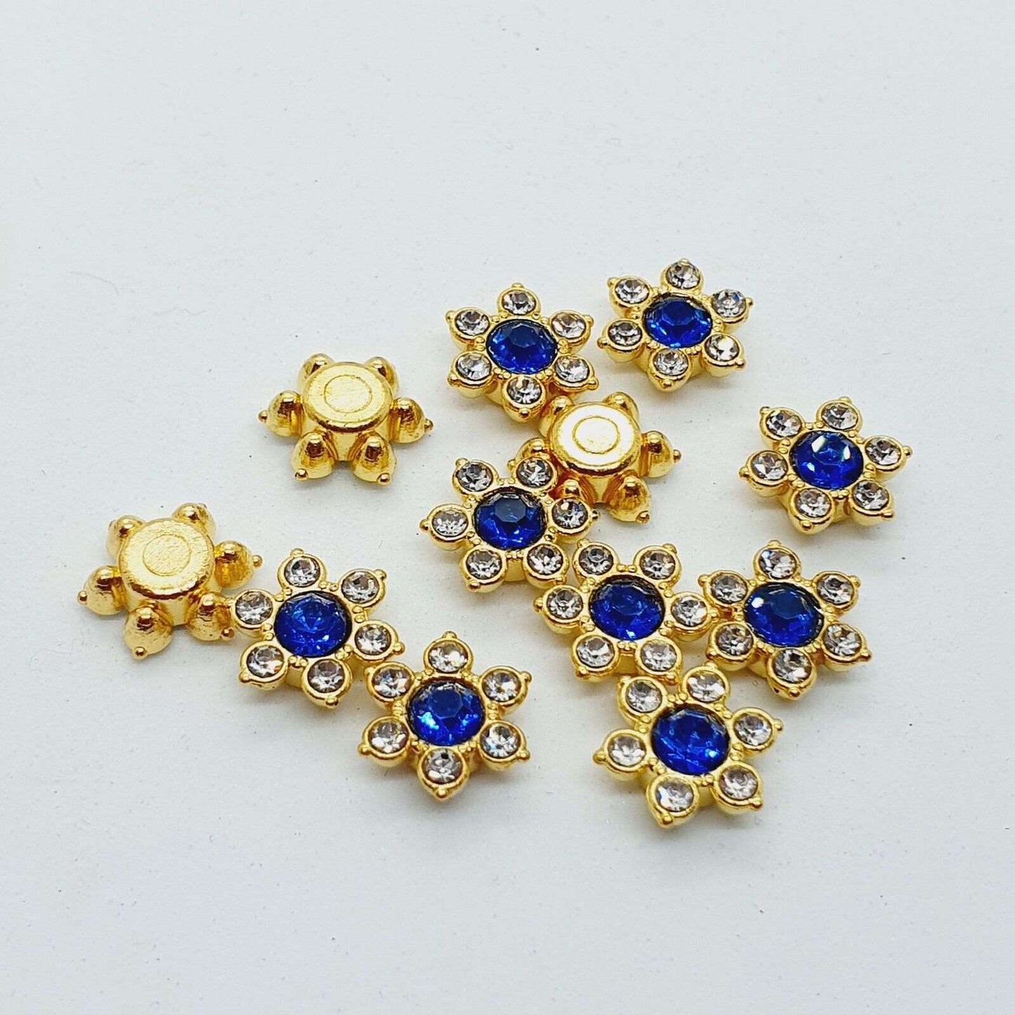 5x 12mm gold CLEAR & BLUE glue on rhinestone gem flower shape