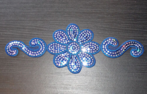 1x 28.5cm Blue & silver hologram sequin flower hot-fix applique