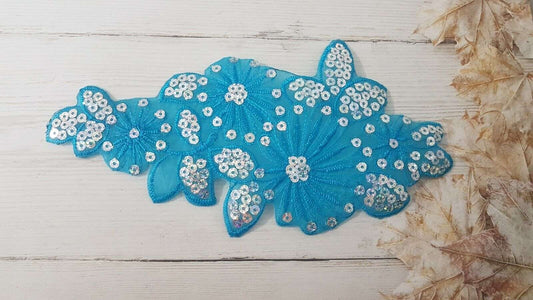 1x turquoise blue sequin flower applique HOT-FIX 21cm