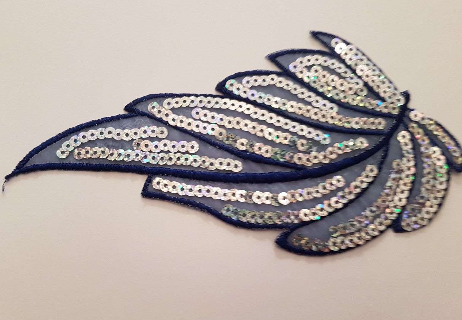 1x 16.5cm Blue & silver hologram sequin leaf hot-fix applique