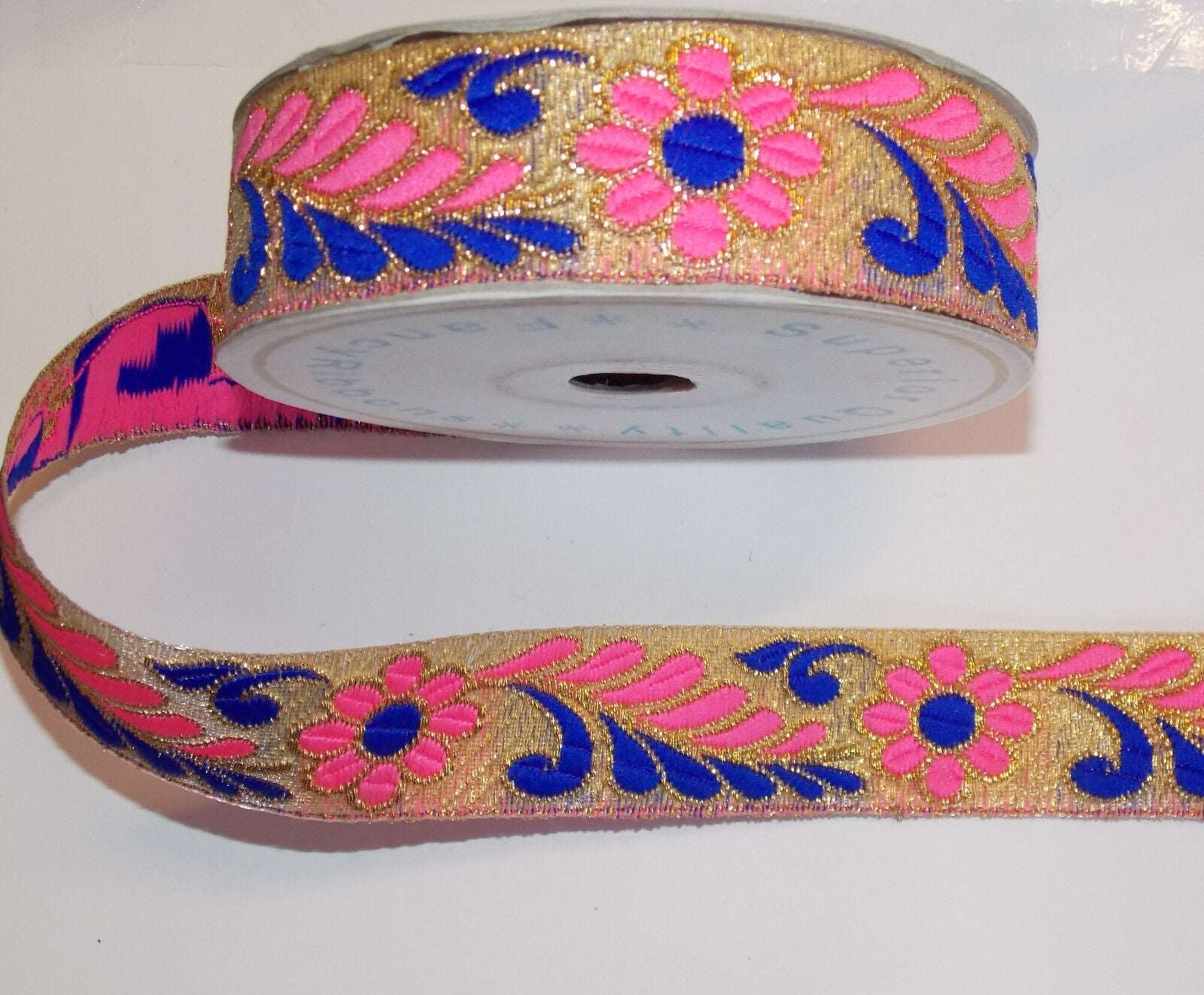 1m 30mm GOLD blue & pink flower jacquard embroidered ribbon