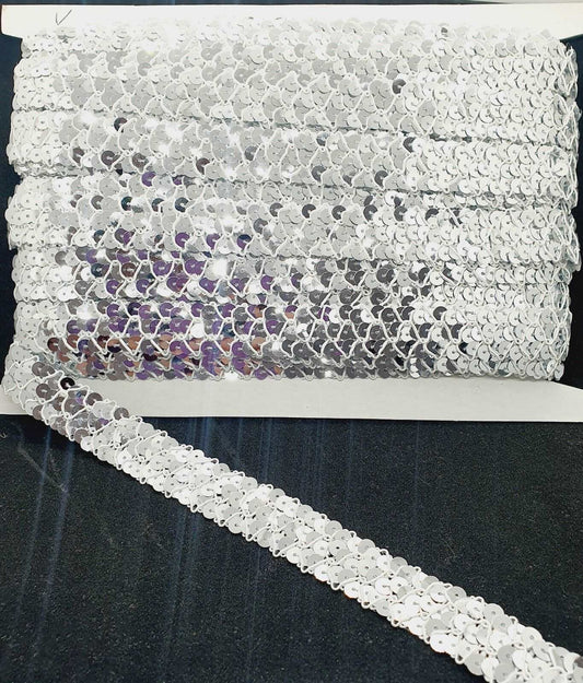 1m 3 row silver sequin and white braid trimming ribbon 2cm