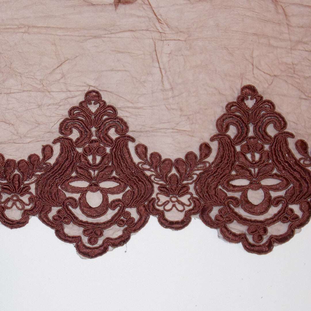 1m brown embroidered net lace floral scallop edge