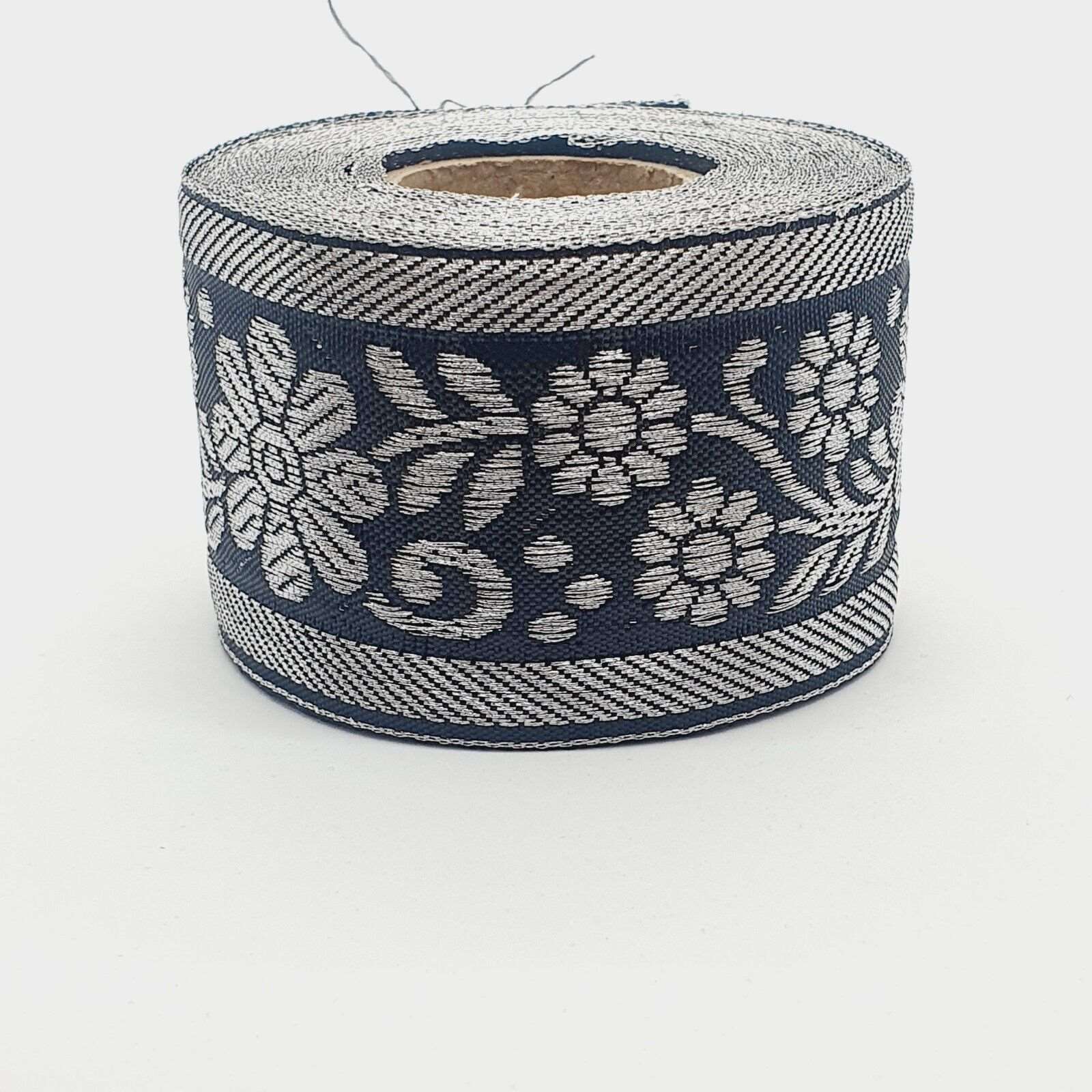 1m 50mm black & silver paisley  jacquard embroidered ribbon