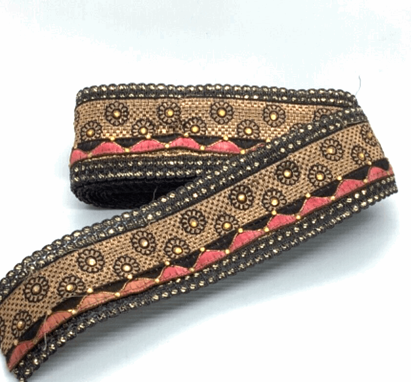 1m 6cm black terracotta gold paisley crystal embroidered ribbon BRAID