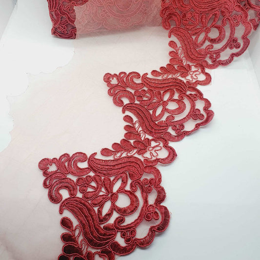 1m 19cm burgundy embroidered net lace floral scallop edge