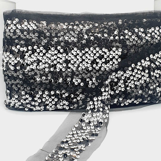 1m black & white sequin braid net trimming ribbon 60mm