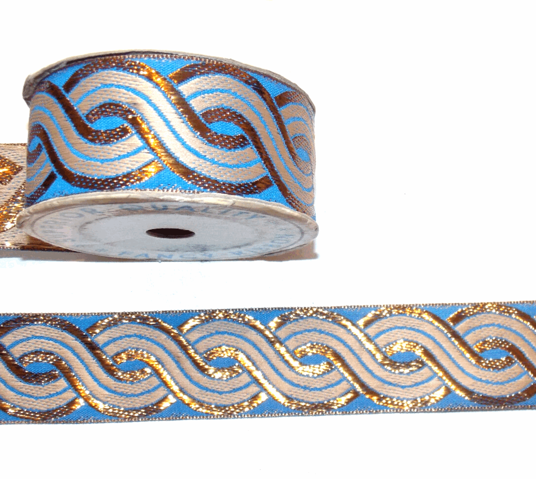 1m 45mm metallic gold bronze & blue embroidered ribbon