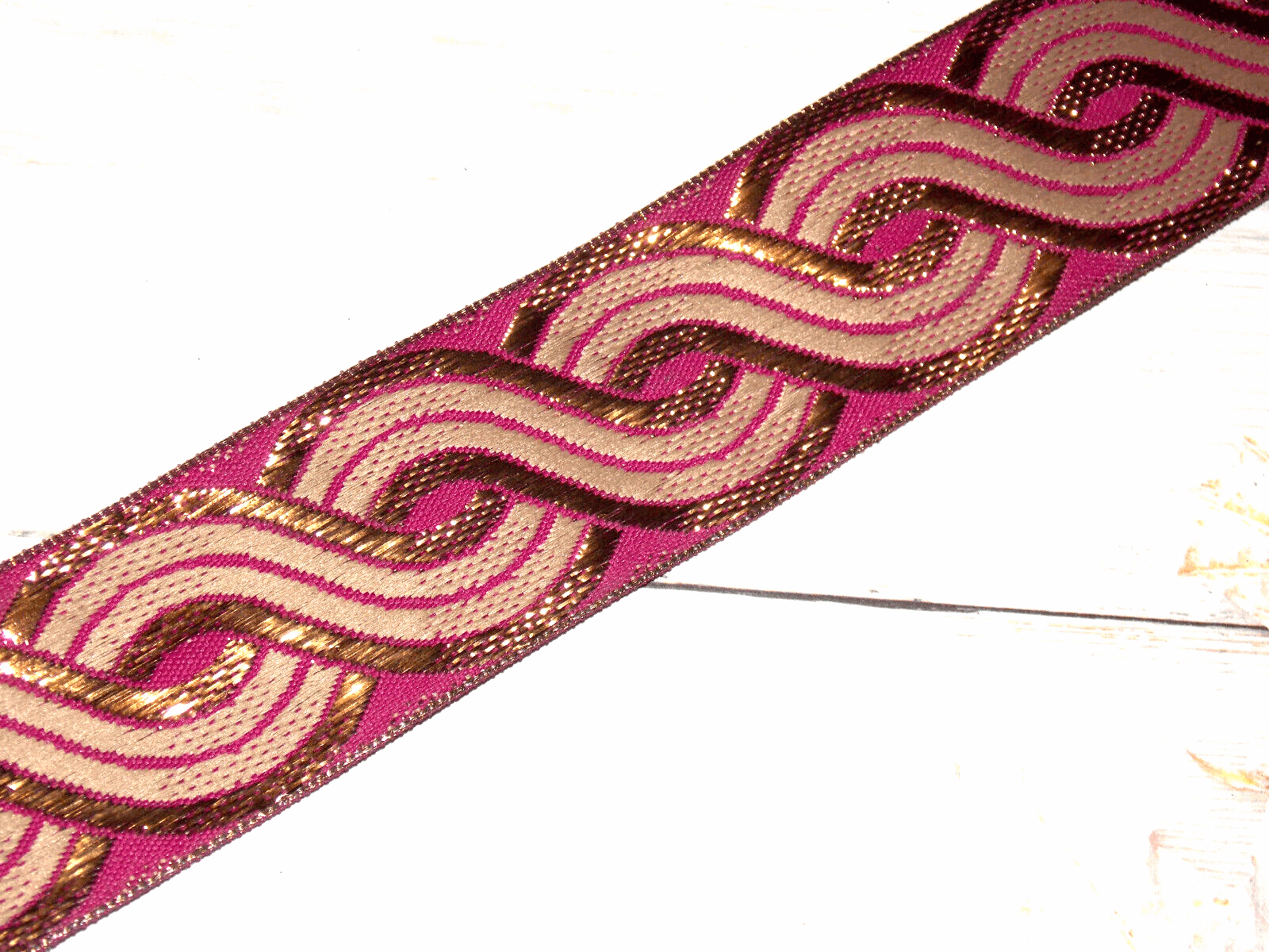 1m 45mm metallic gold bronze & magenta pink embroidered ribbon