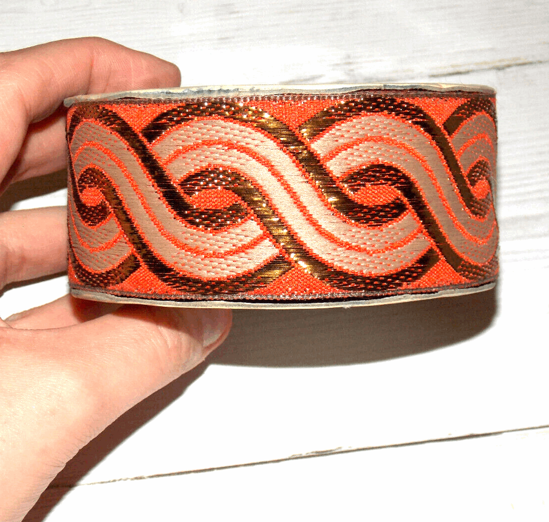 1m 45mm metallic gold bronze & orange embroidered ribbon