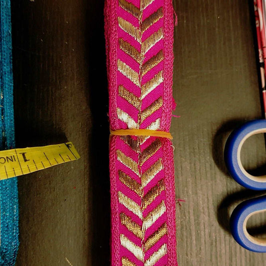 1m 27mm magenta pink gold  jacquard embroidered ribbon