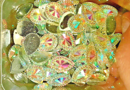 10x 18mm clear AB textured acrylic sew on rhinestone gem pear drop