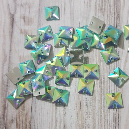 10x 10mm clear AB colour acrylic sew on rhinestone gem square