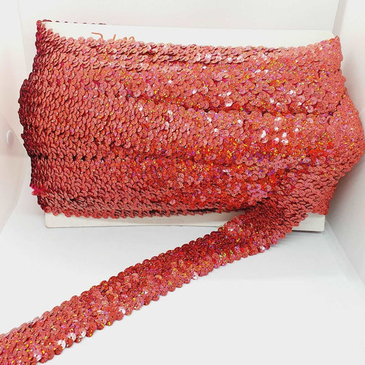 1m coral hologram sequin Stretch elastic Elasticated 4cm Trim