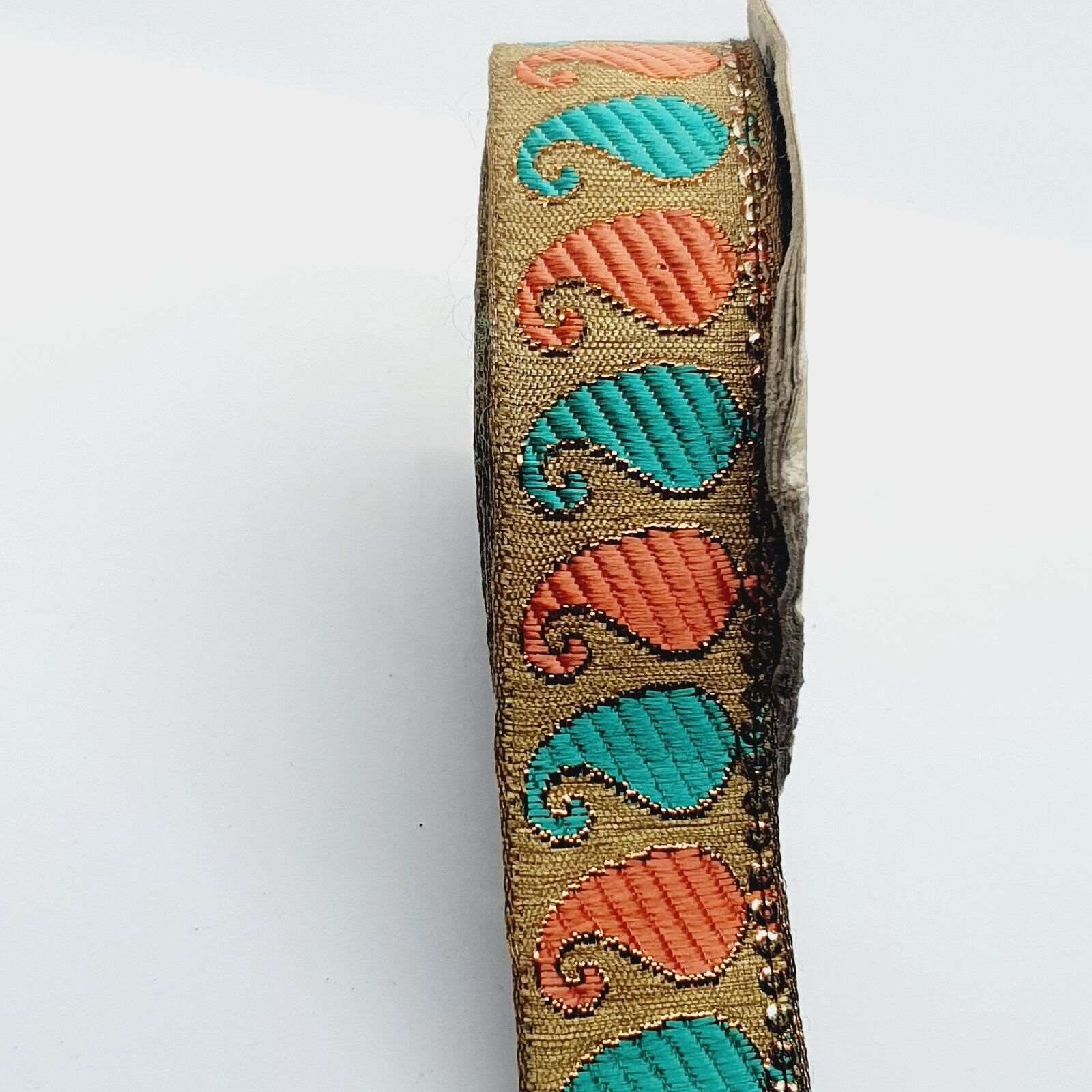 1m 30mm coral mint & gold paisley jacquard embroidered ribbon