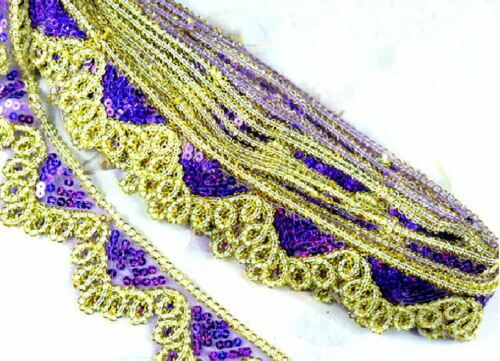 1m 5cm net lace with purple hologram sequins & gold couched braid