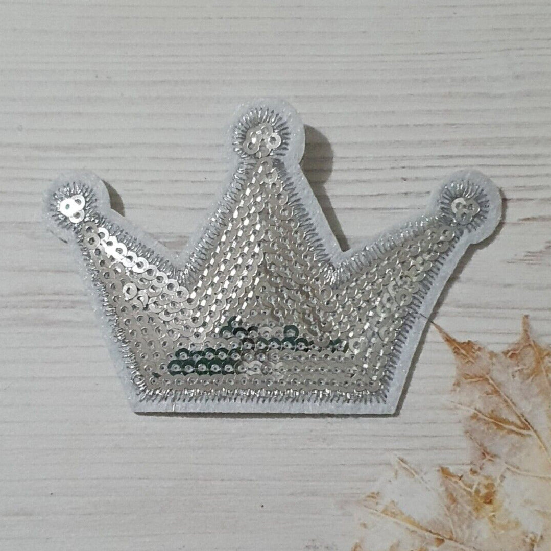 1x 8cm silver crown sequin hot-fix applique