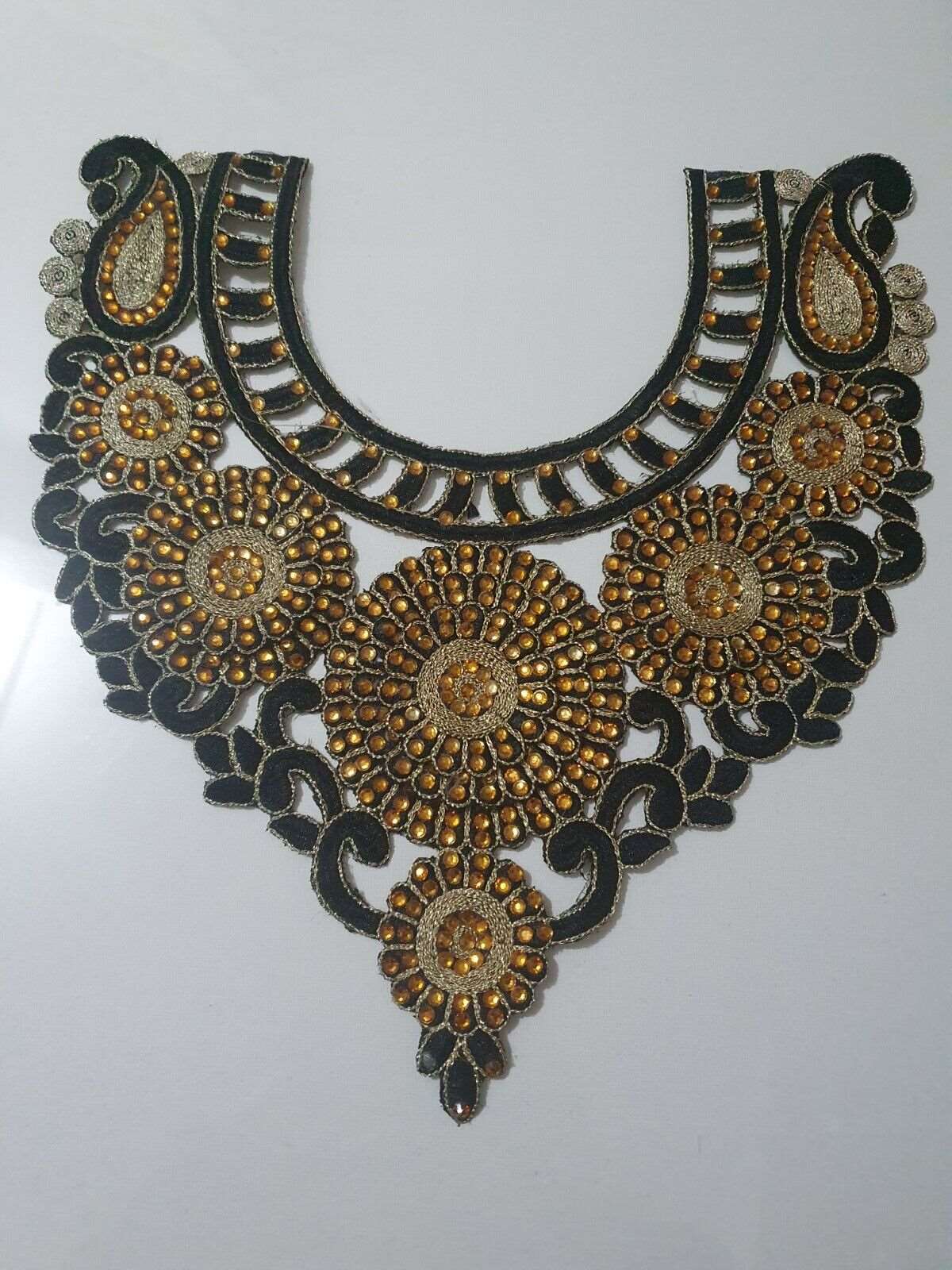 1x deep gold black embroidered crystal applique collar/ neckline