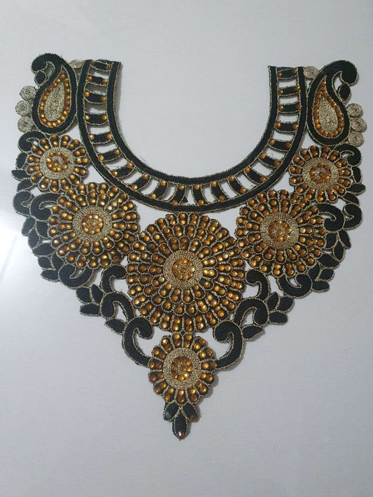 1x deep gold black embroidered crystal applique collar/ neckline