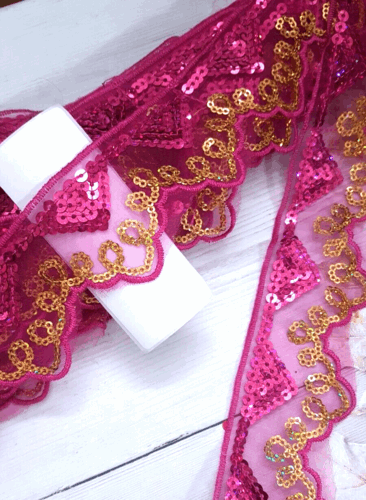 Copy of 1m 5cm net lace with pink & gold hologram sequins