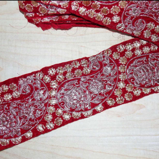 1x 9cm dark red velvet & gold flower indian embroidered ribbon