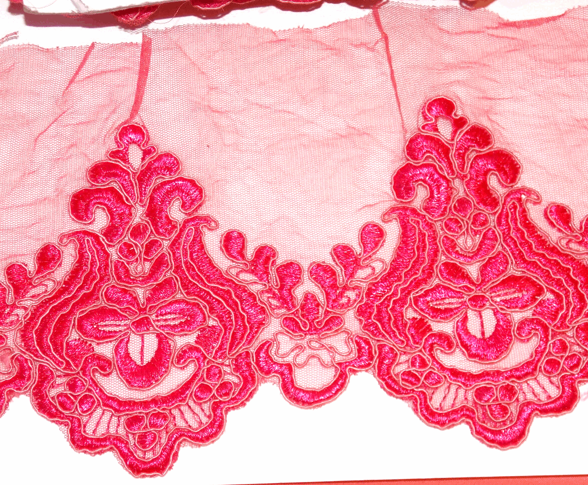 1m 15cm deep pink embroidered net lace floral scallop edge