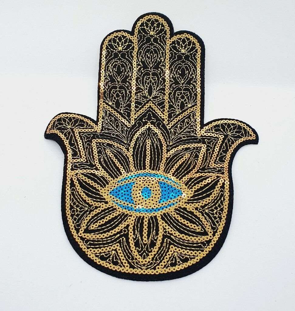 1x Turkish evil eye Hand of Fatima sequin applique HOT-FIX 21cm