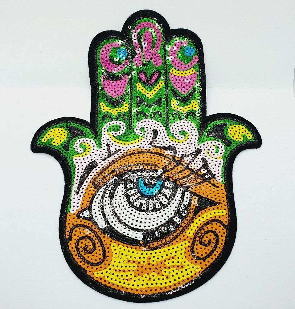 1x Turkish evil eye Hand of Fatima sequin applique HOT-FIX 27cm