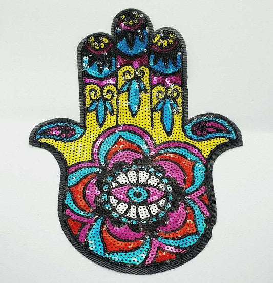 1x Turkish evil eye Hand of Fatima sequin applique HOT-FIX 27cm