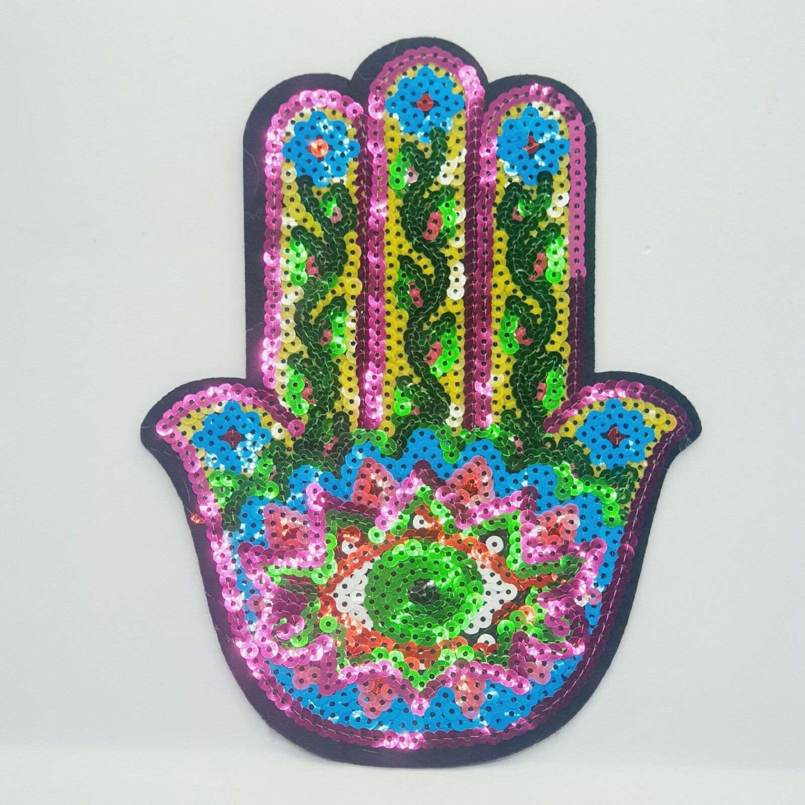 1x Turkish evil eye Hand of Fatima sequin applique HOT-FIX 20.5cm