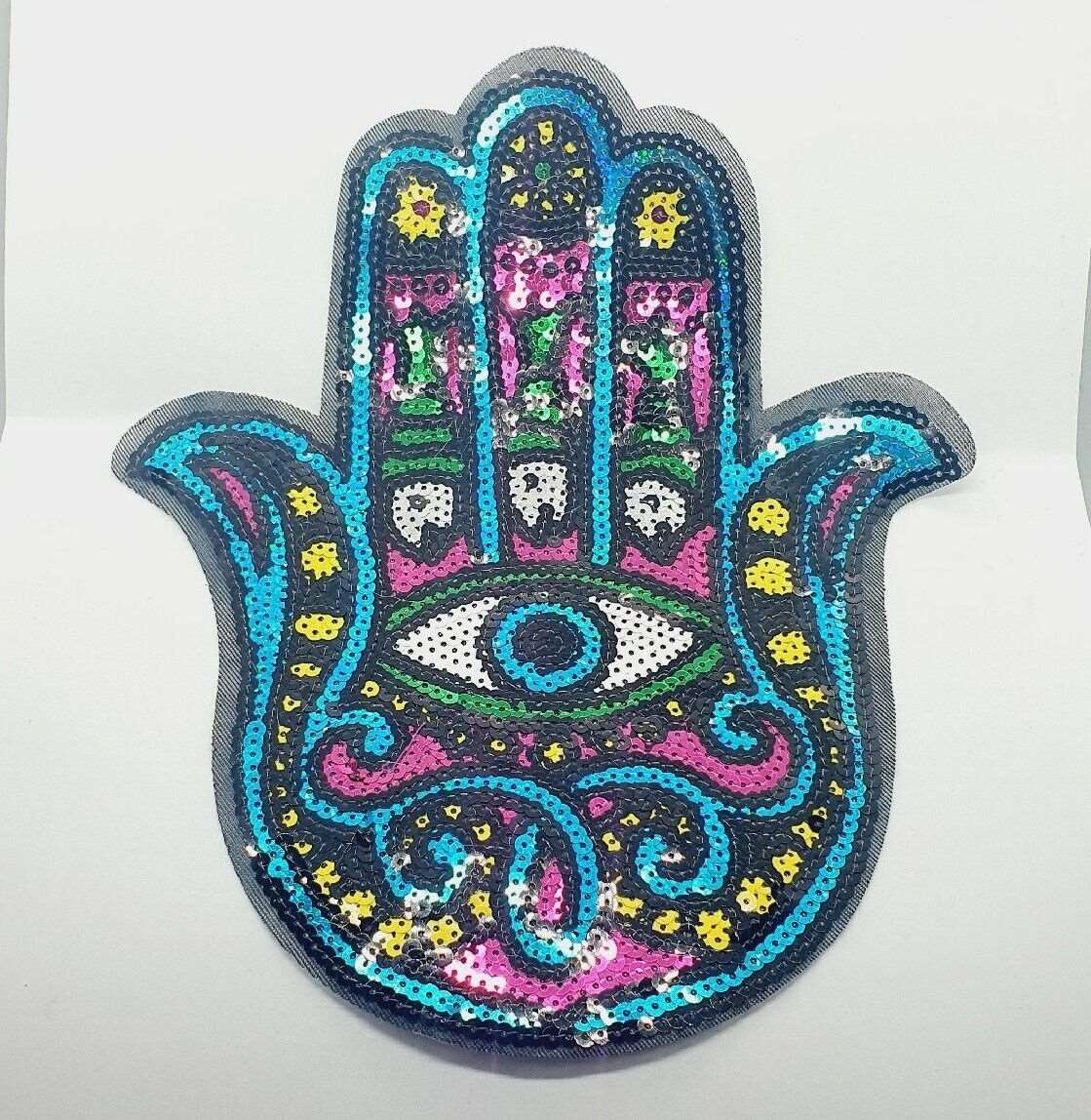 1x Turkish evil eye Hand of Fatima sequin applique HOT-FIX 28cm