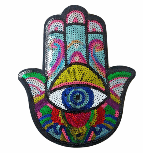 1x Turkish evil eye Hand of Fatima sequin applique HOT-FIX 22.5cm