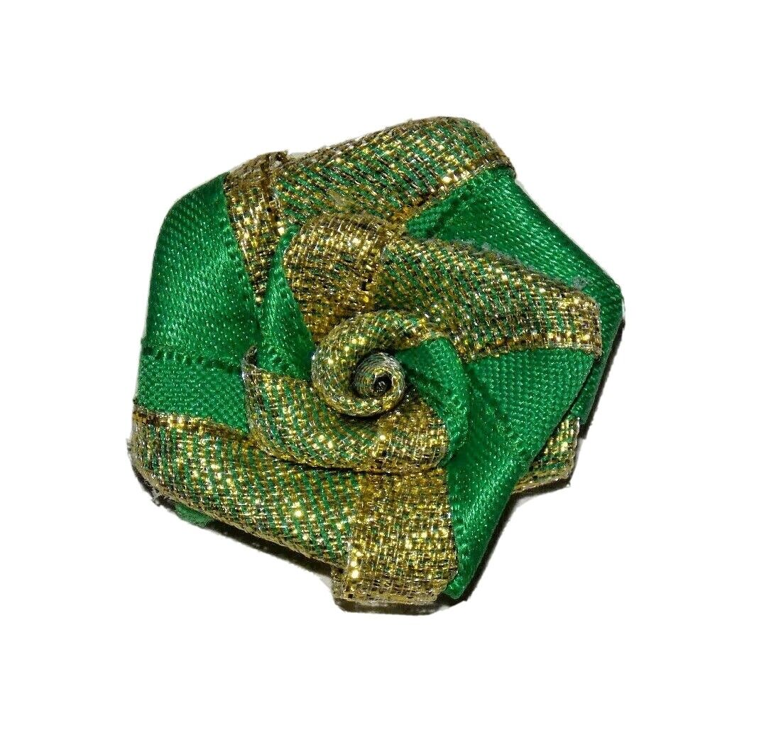 1x Gold glitter green 4cm ribbon flower applique